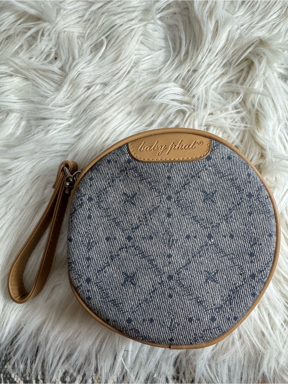 Baby Phat Round CD Wristlet Bag in Tan and Denim Pattern Y2K
